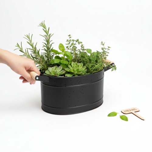 Artikel Blumentopf Metall Oval Griff Schwarz Natur 34x19,5x15cm