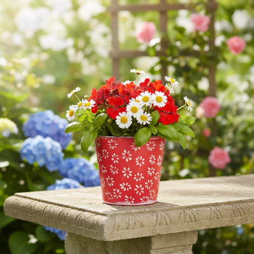 Metall-Blumentopf Rot Weiß Geblümt Ø10,5cm H10,5cm Innenbereich | Floristik24.at