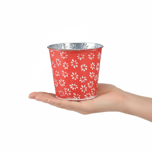 Metall-Blumentopf Rot Weiß Geblümt Ø10,5cm H10,5cm Innenbereich | Floristik24.at
