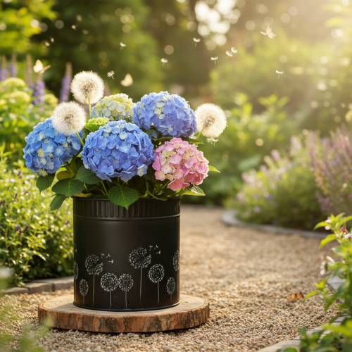 Metall-Blumentopf Schwarz Pusteblumen-Motiv Ø15,5 cm Höhe 15,5 cm | Floristik24.at