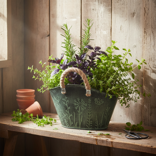 Artikel Blumentopf mit Griffen Tasche Metall Jute 19×13,5×13,5cm