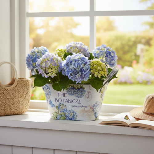 Artikel Blumenschale mit Griffen Hortensien Metall 26×13×14,5cm