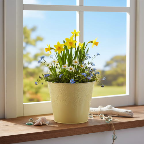 Übertopf Metall Ø16cm H14cm Pastellgelb mit Blumenmuster | Floristik24.at