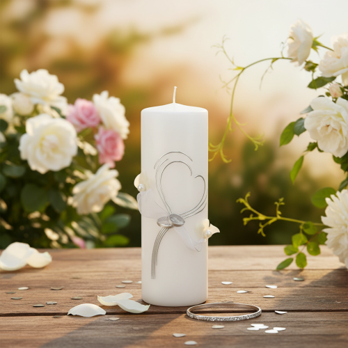 Artikel Festliche Hochzeitskerze mit stilvollem Herz-Design, Silberverzierungen und Organza-Band – Ideal für Hochzeit und Silberhochzeit, 230/80mm