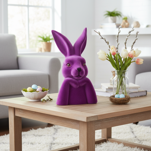 Dekofigur Hase Denkend Beflockt Lila 16,5×13×27 cm Kunstharz Ostern | Floristik24.at