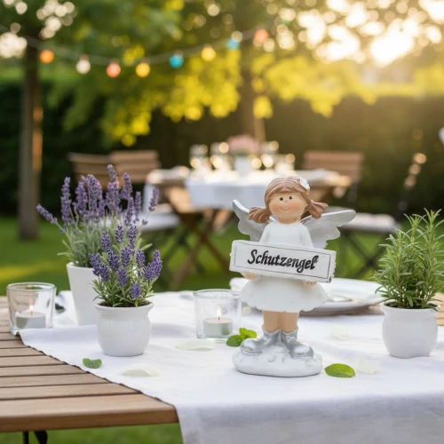 Schutzengel Figur mit Lavendel und Teelichtern als Tischdeko