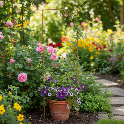 Rankhilfe aus Metall, geschwungenes Rankgitter für Garten und Pflanztöpfe, 75 cm Höhe, Braun | Floristik24.at
