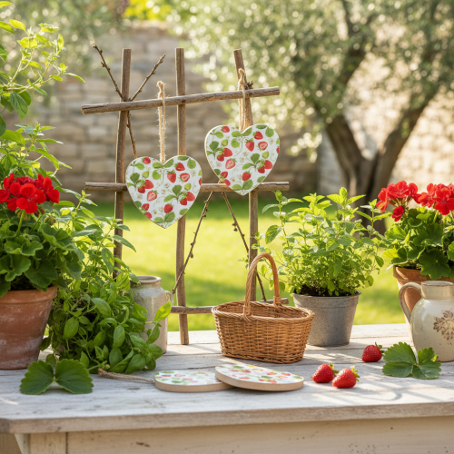 Artikel Deko-Herz mit Erdbeermotiv – Sommerlicher Holzanhänger für Landhaus-Deko 10cmx10cm 4 St