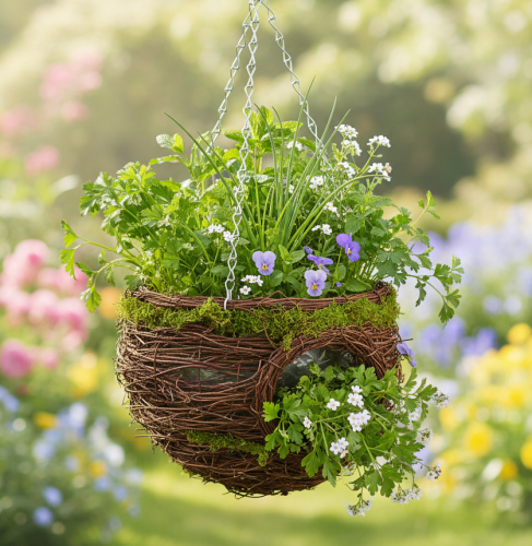 Artikel Blumenampel aus braunen Reben mit künstlichem Moos, Ø 24 cm