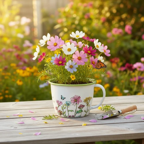 Sommerliche Tischdeko mit Blumen im Gefäß und Gartenstimmung