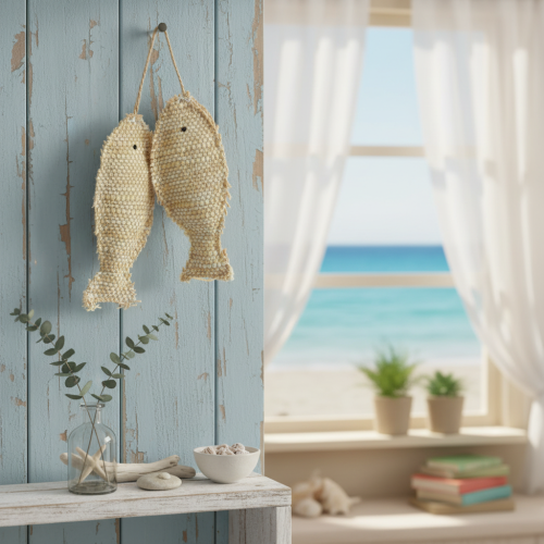 Artikel Maritime Hängedeko mit zwei Stroh- und Jutefischen, Naturfarben, Länge ca. 32 cm