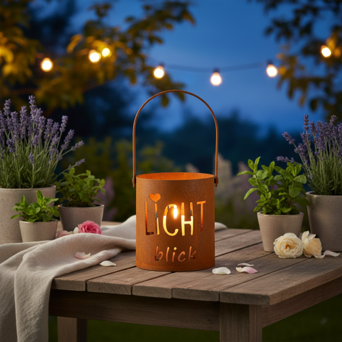 Artikel Metall Laterne Windlicht Edelrost Ø10,5cm H11cm mit Schriftzug 2 Stück