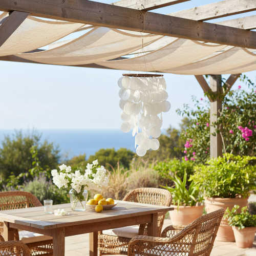 Capiz-Muschel-Windspiel rund 70 cm Länge in Grün für Balkon und Garten | Floristik24.at