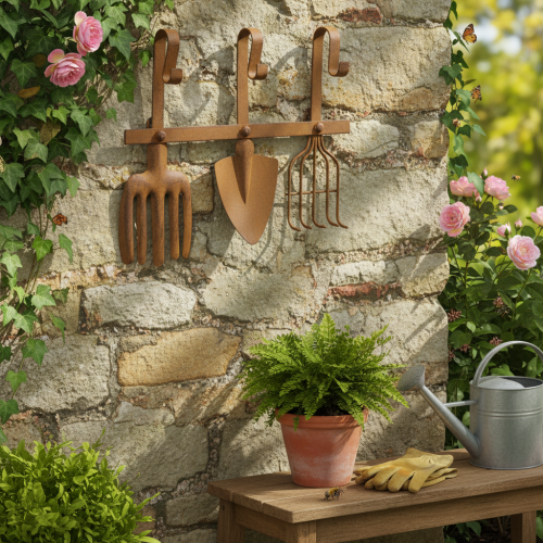 Hakenleiste aus Metall mit Gartenwerkzeug-Motiven, Edelrost, 33,5 x 23 cm, für Innen- und Außenbereich | Floristik24.at