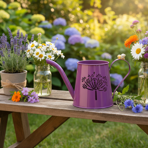 Deko-Gießkanne Metall Lila mit Pusteblumen-Motiv H12cm 2 Stück | Floristik24.at