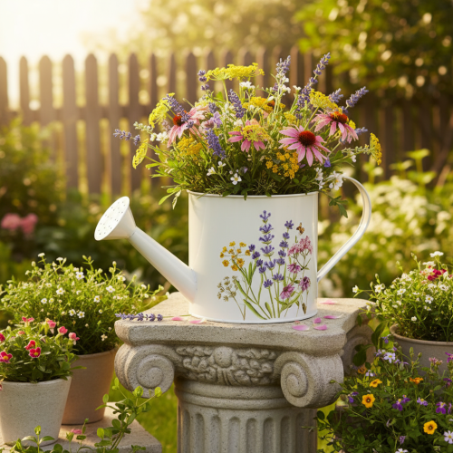 Weiße Metall-Gießkanne mit Blumenmotiv 30×13,5×12,5cm für Deko und Bepflanzung | Floristik24.at