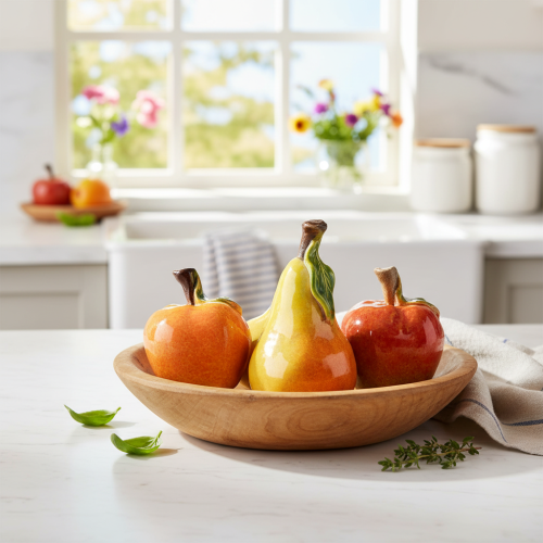 Künstliches Obst Set aus Keramik Apfel und Birne 12 cm Herbstdeko 3-teilig | Floristik24.at