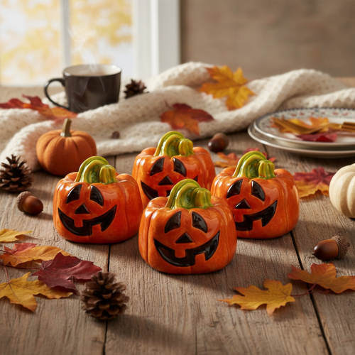 Deko-Kürbis aus Keramik, handbemalt, 8 cm, orange-grün, Herbst und Halloween | Floristik24.at