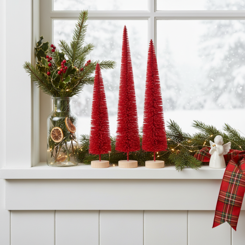Deko Tannenbaum schmal Rot 40cm 3er Set mit Holzsockel | Floristik24.at