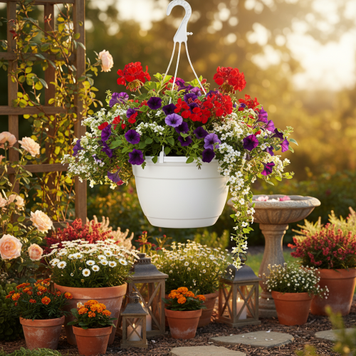 Artikel Blumenampel aus Kunststoff 25cm Weiß mit Haken für Innen- und Außenbereich