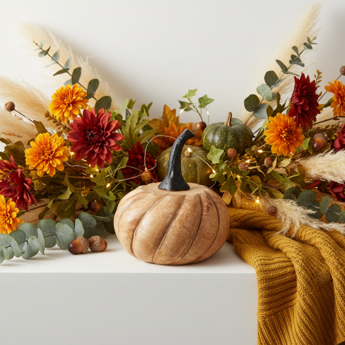Holz Kürbis mit Metallstiel 12cm Natur Schwarz Herbstdeko Innenbereich | Floristik24.at