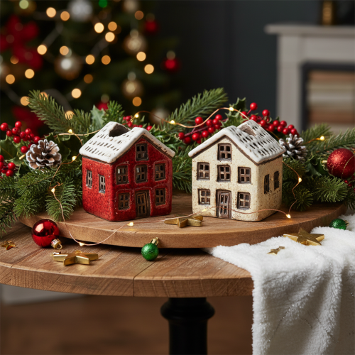 Kerzenständer aus Keramik in Hausform mit verschneitem Dach 7 cm Rot und Beige 2 Stück | Floristik24.at