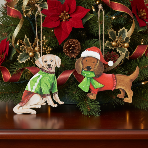 Weihnachtsanhänger Hund 2er-Set 12cm Metall mit Naturfaser | Floristik24.at