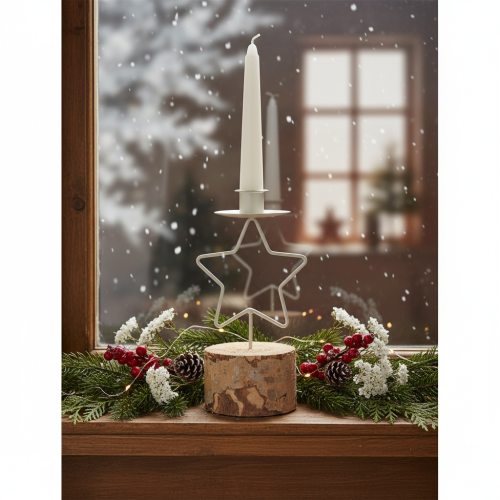 Kerzenhalter Stern aus Metall mit Holzsockel, 20 cm, Silber und Natur | Floristik24.at
