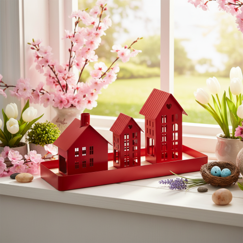 Metall-Windlicht-Set Häuser Rot mit Tablett 35 cm | Floristik24.at