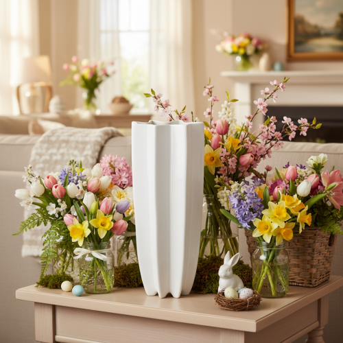 Blumenvase aus Keramik geriffelt Weiß 38cm | Floristik24.at