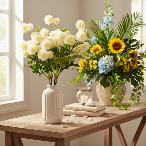 Künstlicher Chrysanthemen-Bund, Kunststoff, cremeweiß, 56 cm, 4 Stück | Floristik24.at