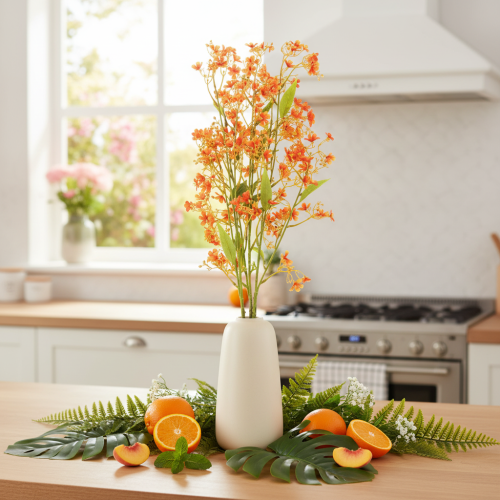 Künstlicher Orchideenzweig 110cm Orange mit grünen Blättern 3er Set für Raumdekoration | Floristik24.at