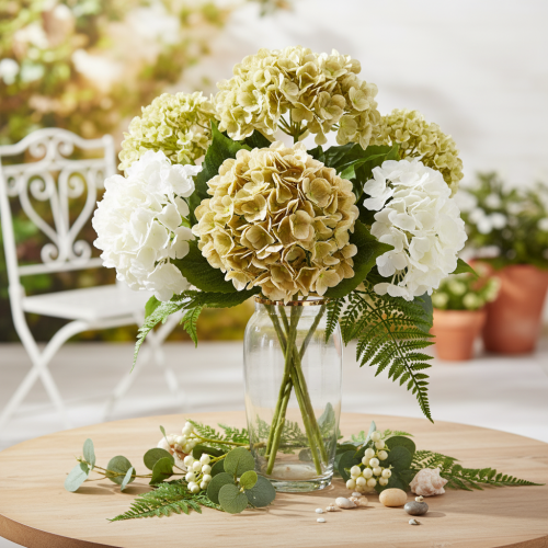 Künstliche Hortensie aus Seidenstoff mit langem Stiel in Creme-Grün, 60 cm | Floristik24.at