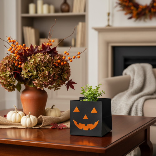Artikel Papiertüte Schwarz mit Kürbisgesicht 10,5cm 6 Stück Halloween-Dekoration