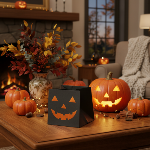 Artikel Papiertüte Schwarz mit Kürbisgesicht 10,5cm 6 Stück Halloween-Dekoration