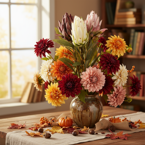Artikel Protea Kunstblumen Leucadendron 65cm 3er-Set in Creme, Bordeaux und Rosa