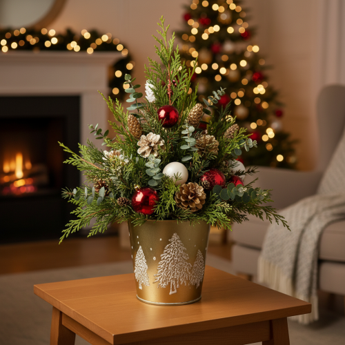 Metall-Übertopf Eimer Gold mit Tannenbaum-Motiv Ø12cm H11,5cm | Floristik24.at