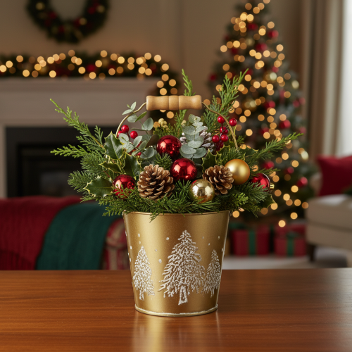 Metall-Übertopf Eimer Gold mit Tannenbaum-Motiv Ø12cm H11,5cm | Floristik24.at