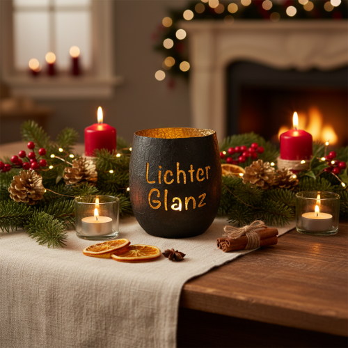 Windlicht aus Metall mit schwarzer Außenseite und goldener Innenfläche, 11 cm hoch | Floristik24.at