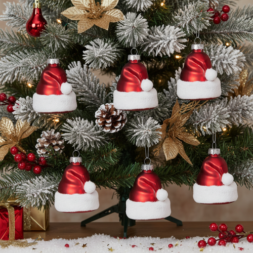 Artikel Weihnachtskugeln aus Glas Nikolausmütze 8cm Rot-Weiß 6er-Set