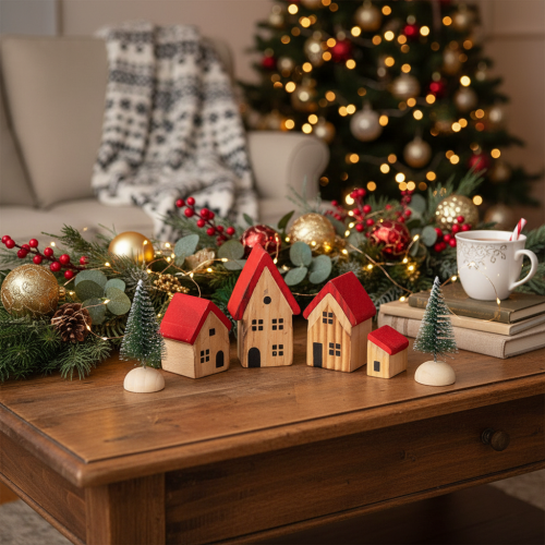 Artikel Holz-Dekohaus-Set mit roten Dächern und Tannenbäumen, 12 cm, 6-teilig