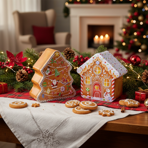 Weihnachtsdose Metall im Set Lebkuchenhaus und Tannenbaum, 14 cm hoch | Floristik24.at