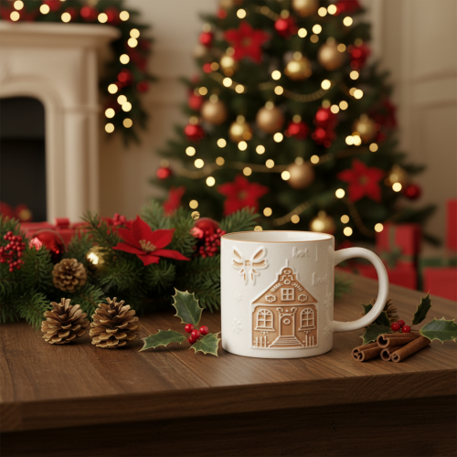 Artikel Keramiktasse mit Hausmotiv und Schneeflocken-Relief 9 cm Beige-Braun