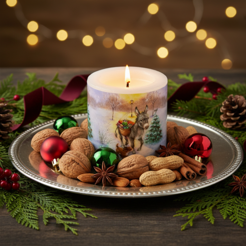 Artikel Stumpenkerze 10cm Weiß mit Winterlandschaft und Tiermotiv