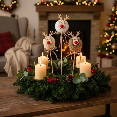 Artikel Dekostecker Rentierfigur 24 cm Holz Stoff Pompom Braun Beige Weiß Innenbereich 12 Stück