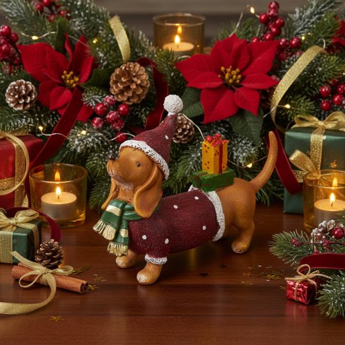 Artikel Dekofigur Dackel aus Polyresin 18 cm mit Geschenkpaket und Weihnachtsmütze