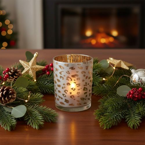 Artikel Teelichthalter Glas 12 cm mit Leopardenmuster Silber und Gold