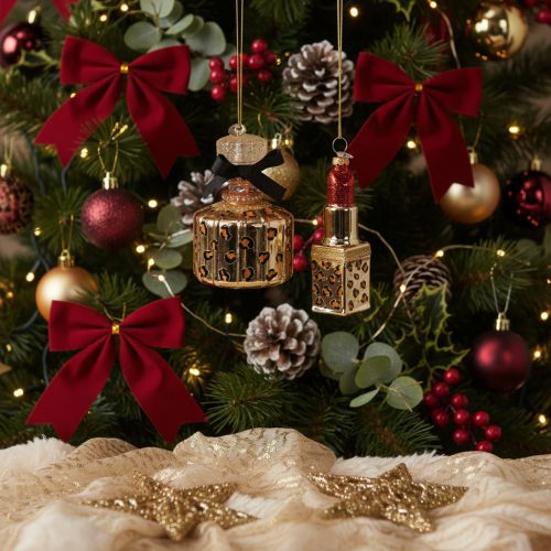 Artikel Christbaumschmuck-Set Parfumflakon und Lippenstift aus Glas mit Leopardenmuster 11 cm 2-teilig