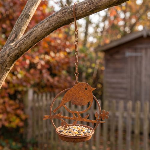 Metall-Vogelanhänger mit Haken, Futterstelle, Edelrost-Optik, 11,5×13 cm, rostbraun | Floristik24.at
