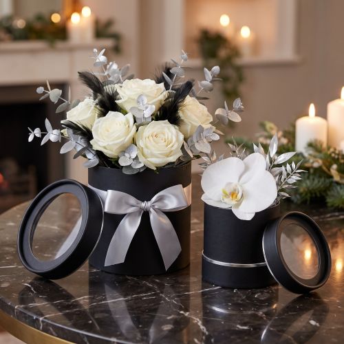 Runde Blumenbox Schwarz-Silber aus Karton Ø10/12 cm 2er Set | Floristik24.at